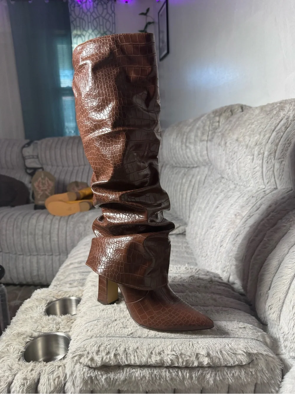 Croc-Embossed Slouch Over-the-Knee Boot in Brown